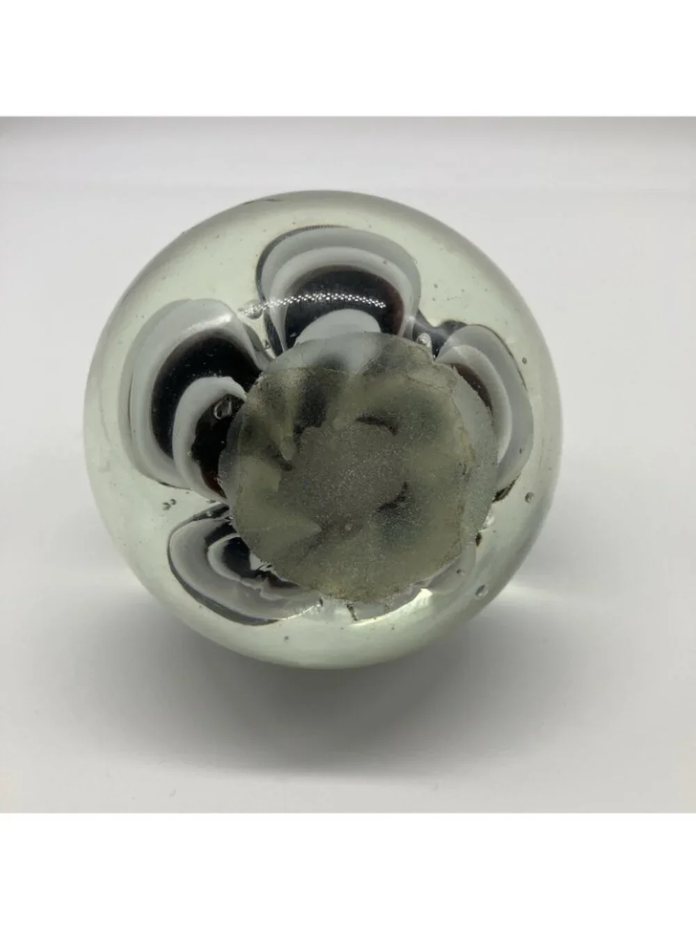 Vintage Art Glass Black White Floral Swirl Paperweight 3.25” - W18